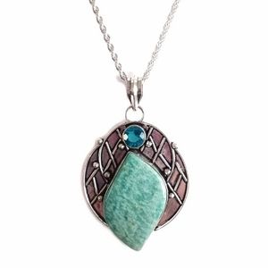 Sterling silver green amazonite and blue zirconia on 20" rope chain necklace new